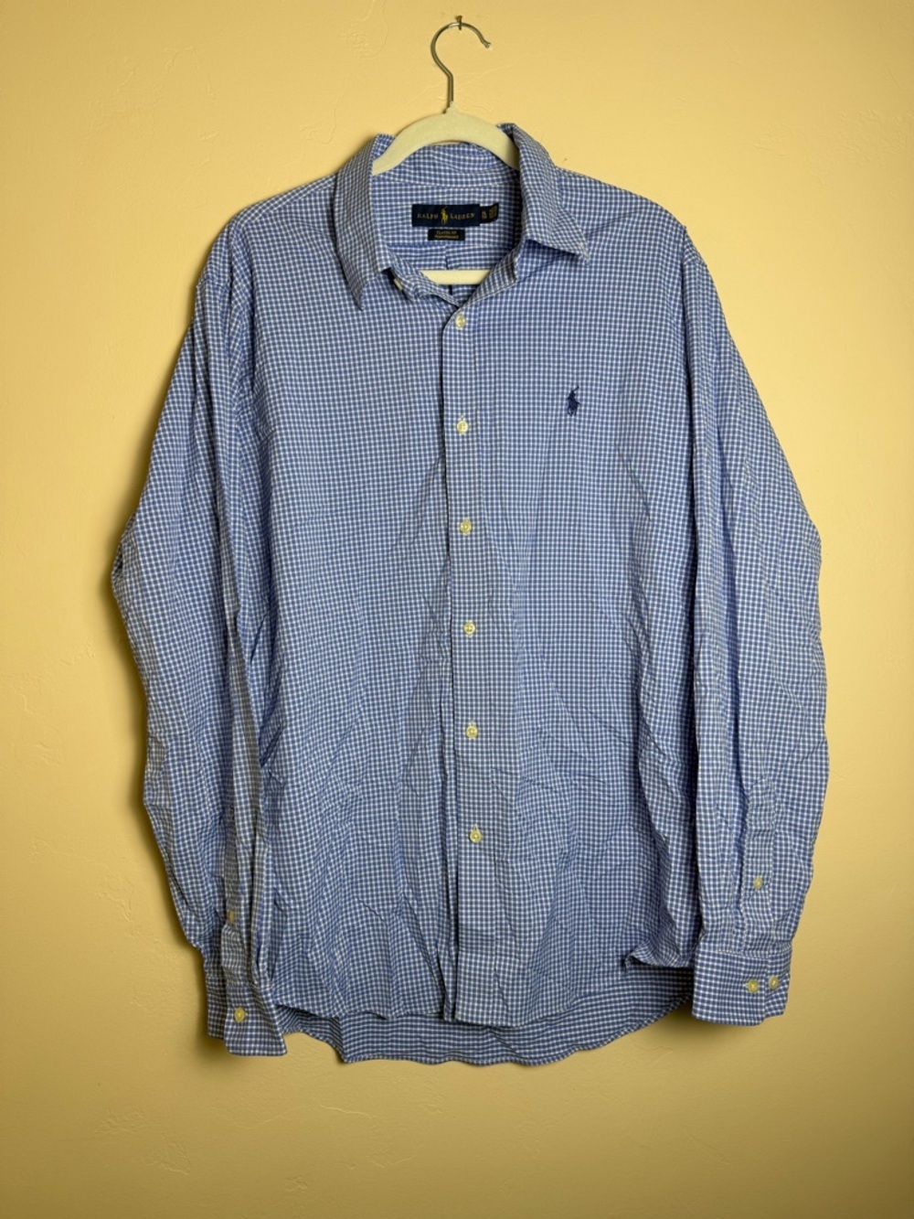 Ralph Lauren Blue Gingham Button-Down Shirt classic fit performance Men's XL